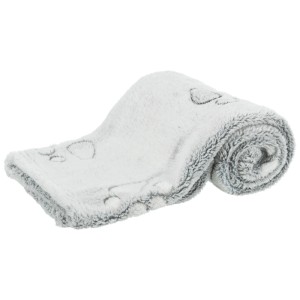 Couverture pour chien Trixie Jimmy Soft gris clair en polaire douce, 75x50 cm, avec motif de pattes, enroulée.