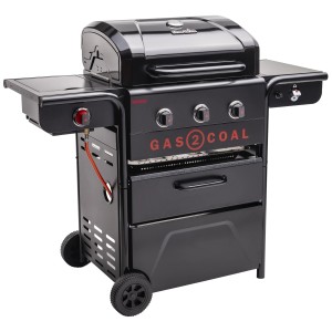 Grill ibrido nero Char-Broil Gas2Coal Special Edition 3 con tre bruciatori e piastra.