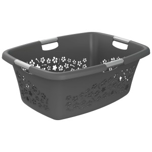 Cesto portabiancheria Rotho Flowers 50 l antracite con decoro floreale e manici.