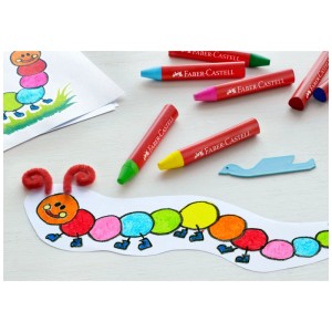 Faber-Castell Jumbo Wachsmalkreiden, 12 Farben und Malvorlagen mit Raupenmotiv.