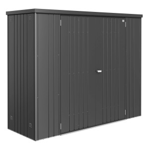 Casetta da giardino Biohort Gr. 230, grigio scuro metallizzato, con doppia porta e listelli verticali.