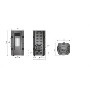 Dessin technique : Poêle à granulés Justus Sia en acier noir 8 kW avec dimensions.