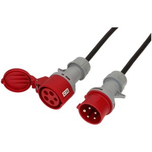 Rallonge CEE noire, 5 m, 5 pôles, avec fiche et prise rouge.