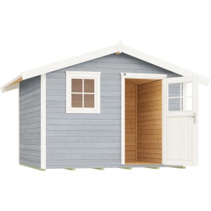 Casetta da giardino in legno grigio con tetto a due falde, finestra e porta aperta. Ideale come rimessa attrezzi o stanza hobby.