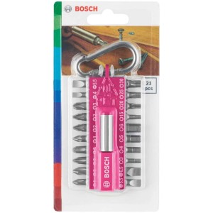 Set di inserti per avvitatori Bosch rosa, 21 pezzi con moschettone per elettroutensili.