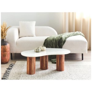 Table basse blanche Beliani Casablanca avec plateau en marbre et pieds en acacia.