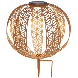 Lampe solaire LED Globo ronde couleur rouille avec motif délicat et pique de terre.