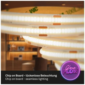 Striscia LED flessibile Brilo® Stripe COB, 3m, a luce bianca calda per illuminazione indiretta.