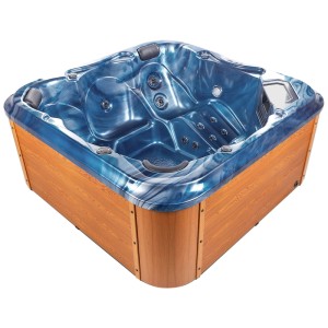 Spa extérieur Beliani Tularosa bleu marbré avec revêtement aspect bois et jets. Bain à remous fixe.