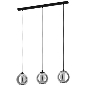 Suspension Eglo Ariscani, 3 lampes, noir/transparent. Luminaire suspendu avec abat-jour en verre fumé pour salon & salle à manger.