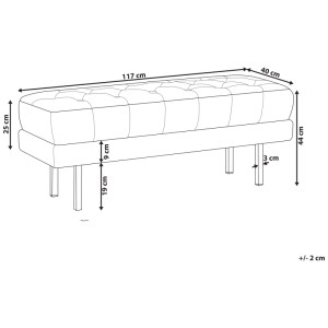 Schéma : Banc Beliani Roseville jaune en velours, dimensions 44x117x40 cm.