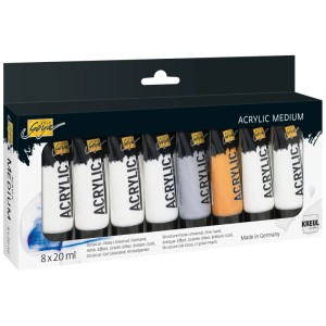 Kreul Acryl Medium Set mit 8 Tuben für Struktur- und Effektgestaltung auf Oberflächen.