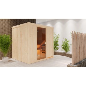 Sauna Karibu Tromsö con porta in vetro bronzato, sauna in legno massello per interni.