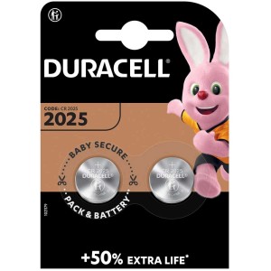 Duracell CR2025 batterie a bottone, confezione da 2, in confezione a prova di bambino.