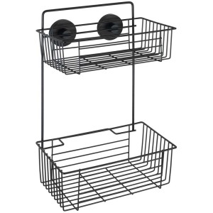 Étagère murale Wenko Vacuum-Loc Bari à 2 niveaux en acier noir, pour le rangement de salle de bain.