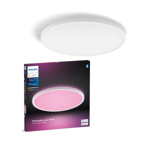 Philips Hue Tento LED-Panel, runde Deckenleuchte in Weiß mit Farbfunktion und Produktverpackung.