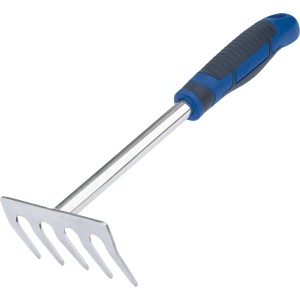 Rastrello a mano LUX Comfort per giardinaggio, con testa in acciaio inox e impugnatura comfort blu.
