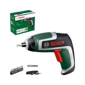 Set avvitatore a batteria Bosch IXO 7 con batteria, caricatore, inserti e scatola.