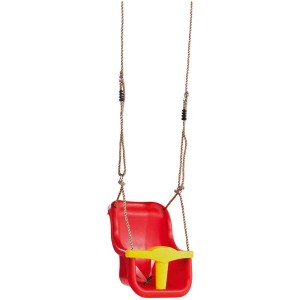 Siège bébé Luxe rouge et jaune pour balançoires avec harnais de sécurité et dossier haut.