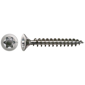 Vite Spax in acciaio inox A2, 3x30 mm, con filettatura completa e testa svasata per truciolare e applicazioni universali.
