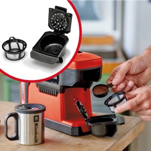 Einhell TE-CF 18 Solo macchina da caffè a batteria con accessori e tazza.
