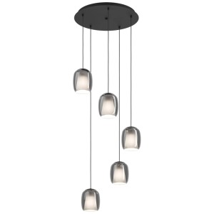 Moderna lampada a sospensione Eglo Ciampino, 5 luci, acciaio nero con paralumi in vetro grigio.