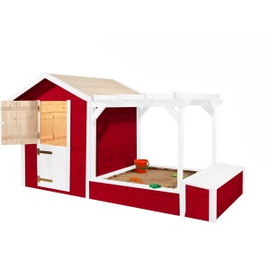 Cabane de jeu Weka Drachenhöhle Tabaluga, rouge et blanc, avec bac à sable et pergola.
