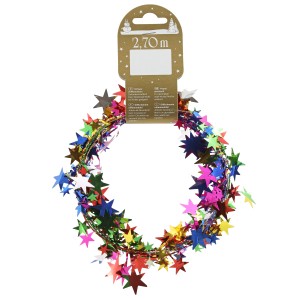 Ghirlanda di stelle multicolore in lamina e filo metallico, lunghezza 270 cm, decorazione natalizia festiva.