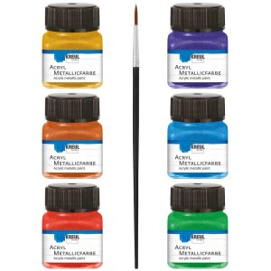 Set di colori acrilici metallizzati Kreul con 6 colori (oro, blu, rosso, viola, verde, rame) e pennello.