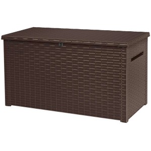Coffre de rangement Java marron en plastique aspect rotin, 146x82x86 cm, idéal pour le jardin.