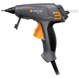 Pistolet à colle chaude Steinel Gluematic 3011, pistolet à colle gris avec gâchette orange.