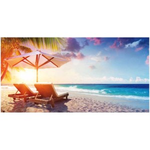 Quadro su tela: Spiaggia tropicale con lettini e ombrellone, 50x100 cm. Decorazione murale per un'atmosfera vacanziera.