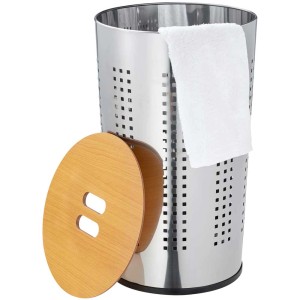 Cesto portabiancheria cromato Diaqua® (50 l) con coperchio in legno e fori quadrati.