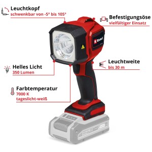 Einhell TC-CL 18/350 Li-Solo lampada a batteria: Luce rossa con testa orientabile e occhiello di fissaggio.