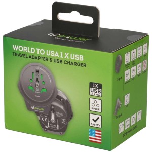 Q2 Power Welt-Adapter USA mit USB-A, abgebildet in der Verpackung. Reiseadapter für USA mit USB-Anschluss.
