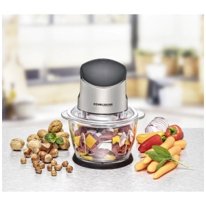Rommelsbacher Multi-Zerkleinerer MZ 400 in acciaio inox e vetro con verdure.