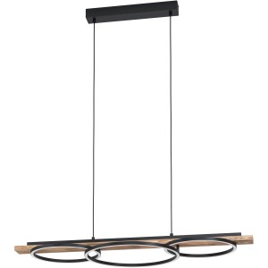 Moderna lampada a sospensione a LED Boyal di Eglo con legno e anelli in metallo nero, ideale per soggiorno e sala da pranzo.