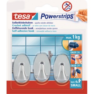 Tesa crochets adhésifs chromés ovales, lot de 3 avec Powerstrips Small. Supporte jusqu'à 1 kg, se retire sans trace.