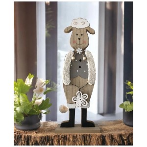 Pecora decorativa in legno, grigio-bianca, altezza 39 cm, decorazione pasquale.