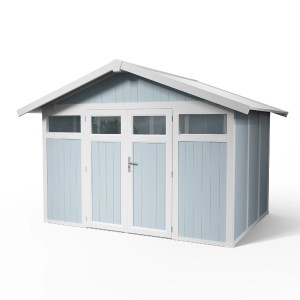 Abri de jardin en plastique Grosfillex Utility 7,5 gris-bleu avec double porte et fenêtres.