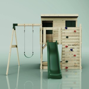 PolarPlay Torre gioco Tjorven con altalena, scivolo e parete da arrampicata in legno, dettagli verde scuro.