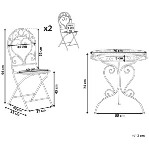 Schéma : Ensemble bistro en métal rose Beliani Albinia avec dimensions de la table et 2 chaises.