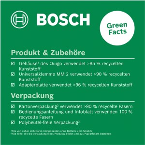 Durabilité du laser lignes croisées Bosch Quigo : boîtier, pince et emballage en matériau recyclé.