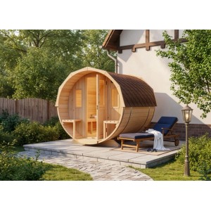 Sauna tonneau FinnTherm Sam en épicéa en kit, naturelle, avec transats et bardeaux.