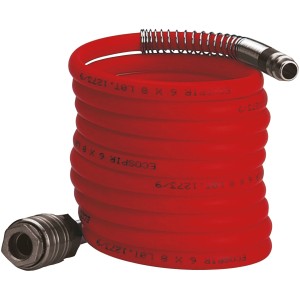 Tuyau spiralé Einhell, 4 m, rouge, avec raccord rapide et embout enfichable, accessoire pour compresseurs.