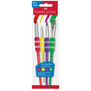 Faber-Castell Pinselset Soft-Touch, 4 Pinsel in rot, gelb, lila und grün mit Softgriffen.