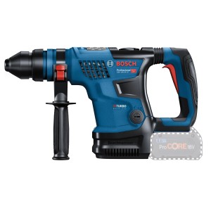 Bosch Professional Tassellatore a batteria GBH 18V-34 in valigetta, blu/nero, con impugnatura supplementare e batteria.