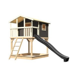 Karibu Cabane sur pilotis Benjamin avec toboggan, gris naturel, cabane de jeu en bois avec échelle et toboggan.