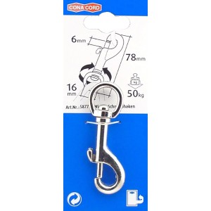 Moschettone Conacord con girella, zinco, lunghezza 78 mm, su cartoncino blu.