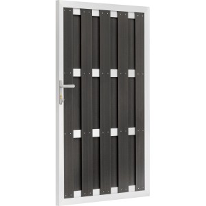 Porta WPC antracite con telaio in alluminio, parte di una recinzione per la privacy per giardino e patio.